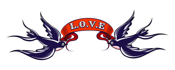 Swallows and Banner with Wording Love Tattoo
