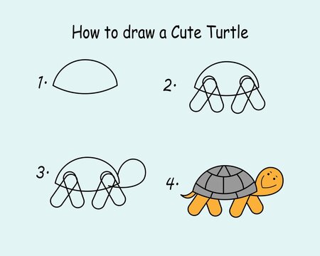 Step by step to draw a Cute Turtle. Drawing tutorial a Cute Turtle. Drawing lesson for children. Vector illustration