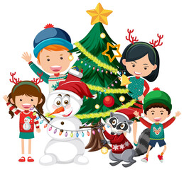 Obraz na płótnie Canvas Happy family in Christmas theme with a snowman