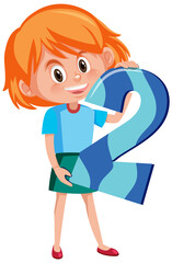 Student girl holding the number cartoon character isolated on white background