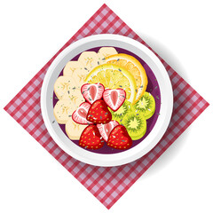 Top view Acai food bowl and placemat on white background