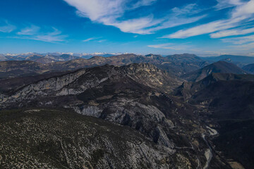 Aerial panoramic of the scenery inside the Parc naturel régional des Préalpes d'Azur, just north of Cannes, Nice and Monaco in France