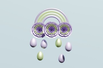 3d render of beautiful violet and lime green rainbow growing out of flowers with raining eggs on a blue background