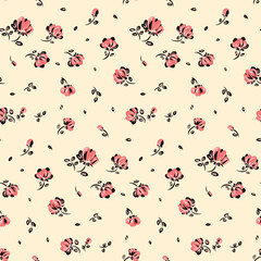 Seamless pattern with small red flowers, ink leaves, twigs. Liberty floral print, romantic botanical background with tiny hand drawn plants. Vector illustration.