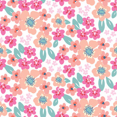 Seamless pattern with simple pink flowers, leaves on a white background. Soft botanical print with gently plants. Floral background with hand-drawn flowers, leaves. Delicate floral surface. Vector.