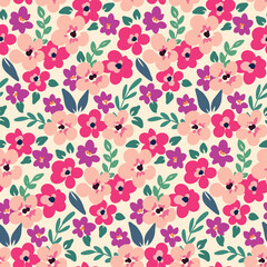 Seamless pattern, spring floral print with small pink flowers, various leaves, herbs. Cute botanical background with hand drawn plants. Modern surface with flora. Vector.