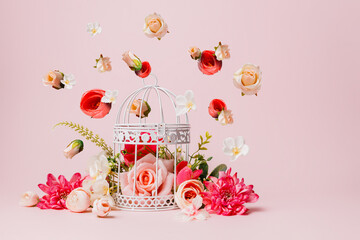 Vintage bird cage with beautiful various fresh flowers flying in the air on pastel pink background. Creative floral spring bloom concept. Romantic still life natural visual trend idea.