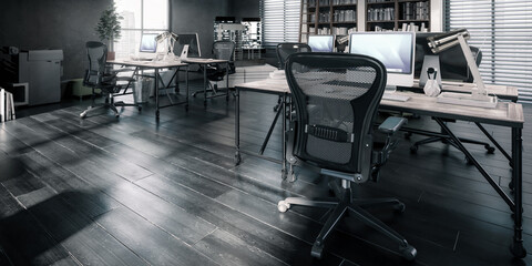 Naklejka premium Administration & Planning Office In Design - panormic black and white 3D Visualization
