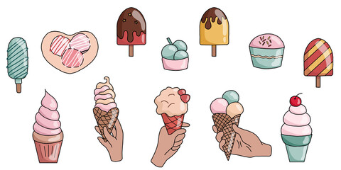 Ice cream.  Soft ice cream, popsicle, balls in cone and cup. Vector set.