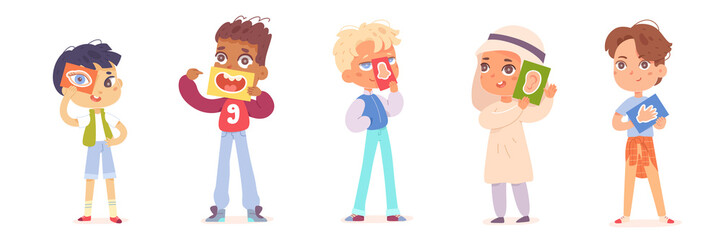 Five senses set, boys with 5 cards with organs of sight hearing smell taste and touch