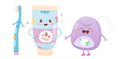 Cute toothbrush, floss and toothpaste characters, happy kawaii tools to clean baby teeth
