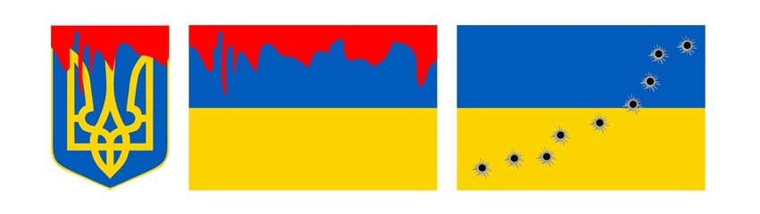 The flag and emblem of Ukraine stained with blood during the war.