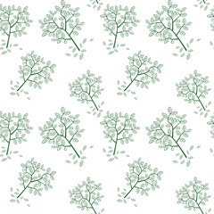 Green tree and leaves in seamless pattern on white background for fabric and wallpaper , minimal concept