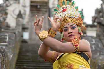 Portrait Balinese women wearing traditional dance costume in Bali temple