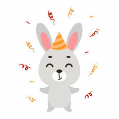 Cute little bunny on birthday hat on white background. Cartoon animal character for kids cards, baby shower, invitation, poster, t-shirt composition, house interior. Vector stock illustration.