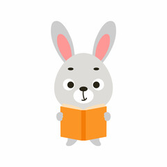 Cute little bunny read book on white background. Cartoon animal character for kids cards, baby shower, invitation, poster, t-shirt composition, house interior. Vector stock illustration.