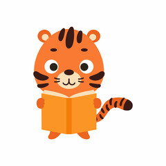 Cute little tiger read book on white background. Cartoon animal character for kids cards, baby shower, invitation, poster, t-shirt composition, house interior. Vector stock illustration.