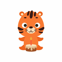 Cute little tiger with birthday cake on white background. Cartoon animal character for kids cards, baby shower, invitation, poster, t-shirt composition, house interior. Vector stock illustration.