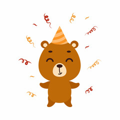 Cute little bear on birthday hat on white background. Cartoon animal character for kids cards, baby shower, invitation, poster, t-shirt composition, house interior. Vector stock illustration.