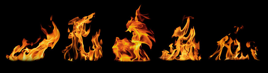 Flame collection isolated on black background for graphic design or wallpaper.
