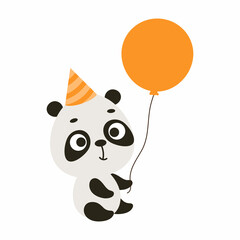 Cute little panda on birthday hat keep balloon on white background. Cartoon animal character for kids cards, baby shower, invitation, poster, t-shirt composition. Vector stock illustration.