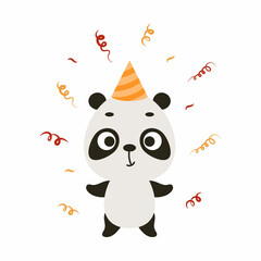 Cute little panda on birthday hat on white background. Cartoon animal character for kids cards, baby shower, invitation, poster, t-shirt composition, house interior. Vector stock illustration.