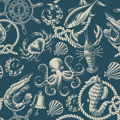 Monochrome vector seafood background
