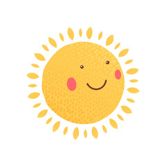 Sun. The cheerful, kind yellow sun is smiling. Vector cartoon illustration.