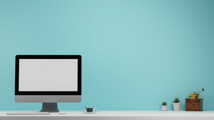 Workspace and blank screen desktop computer. Mockup desktop computer, coffee mug, plant, and home office accessories on white desk. 3D rendering