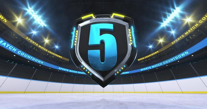  Countdown before sports match from ten to one. Rotating of metallic shield above ice hockey rink. Sports arena in 4k video animation.