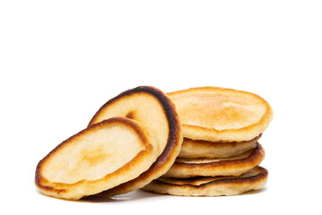 Stack of tasty pancakes on white background