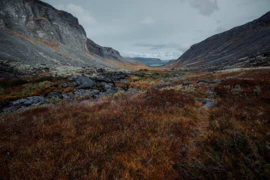 The trail between the mountains in autumn, Scandinavia