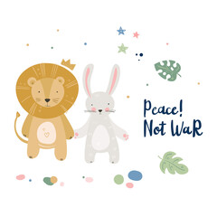 Obraz na płótnie Canvas Cartoon cute animals baby card with lion and bunny
