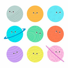 Funny childish planets in row vector flat illustration. Cute celestial bodies with smiling faces in sequence at outer space. Cartoon colorful astronomical objects at night sky