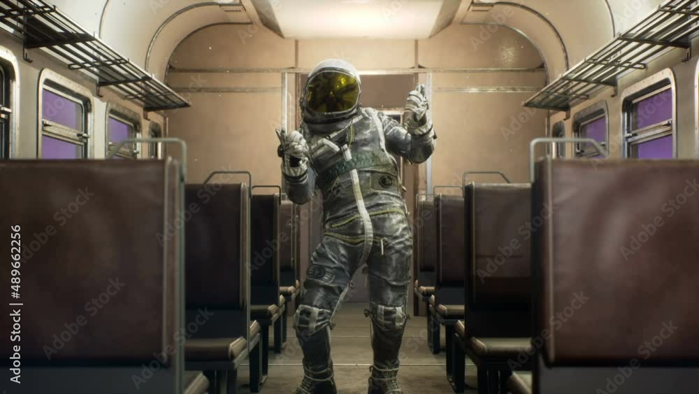 Wall mural an astronaut pointing fingers flies on an interstellar train travelling at superluminal speed. the c