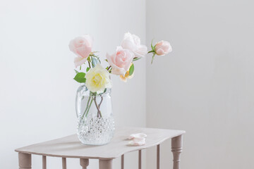 beautiful roses in glass jug on white background