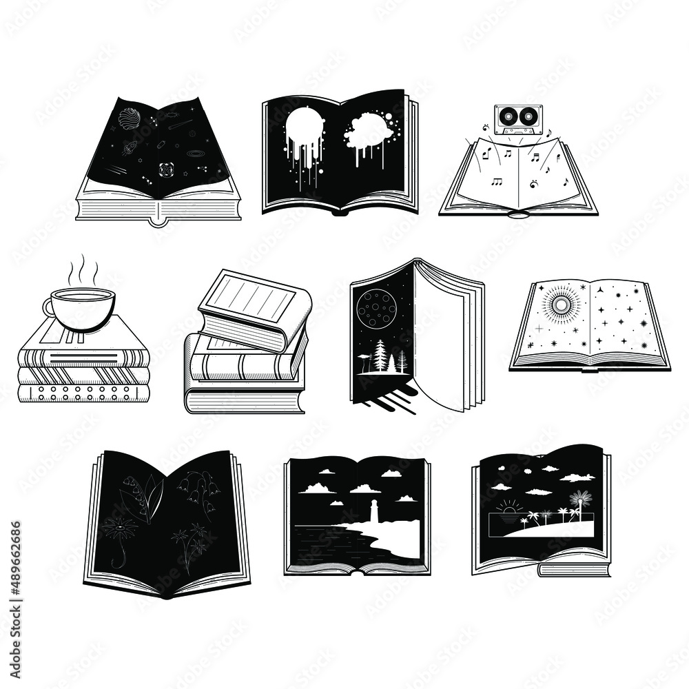 Poster set abstract collection black simple line doodle outline element vector design style sketch isolated