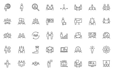 set of business people line icons, teamwork, group, meeting, member
