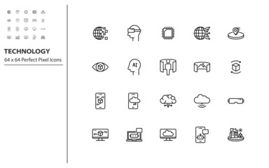 set of technology line icons, vr, ar, ai, iot