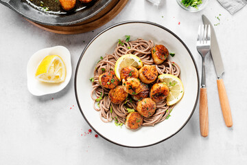 Homemade  Scallop Pasta with Lemon Garlic Sauce, top view