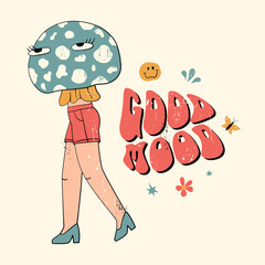 Good mood slogan with psychedelic mushroom, flowers and other retro elements. 70's Groovy Themed in Hand Drawn style. Hippie illustration for girl tee, t-shirt and sticker, poster design
