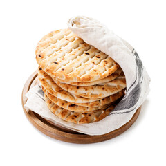 Fresh baked greek pita bread isolated on white background.