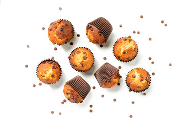 Chocolate chip muffins isolated on white background. top view	
