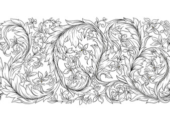 Decorative flowers and leaves in art nouveau style, vintage, old, retro style. Seamless pattern, background. Outline vector illustration.