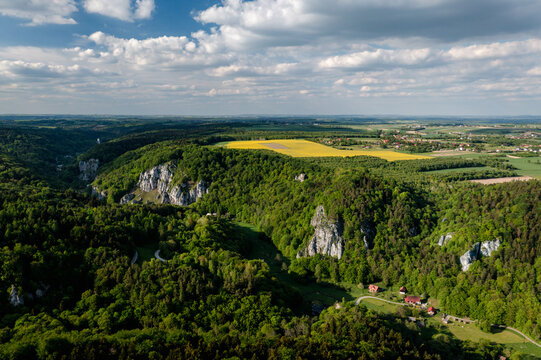 Ojcowski National Park, spring drone aerial view of Ojcow village and rocks in Pradnik Valley near Krakow (Cracow) taken in May. Okopy Mountain, Koronna, Mountain Wapiennik, Puchacz Rock. Smardzowice.