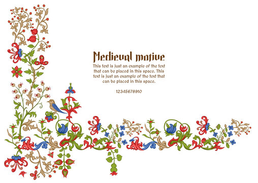 Floral vintage Medieval illuminati manuscript inspiration. Romanesque style. Template for greeting card, banner, gift voucher, label. Vector illustration