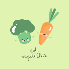 Funny Carrot and Broccoli in cartoon style. For kids stuff, card, posters, banners, books, printing on the pack, printing on clothes, fabric, wallpaper, textile or dishes. Vector illustration.