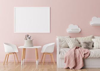 Empty horizontal picture frame on pink wall in modern child room. Mock up interior in scandinavian style. Free, copy space for your picture. Bed, table, chairs, toys. Cozy room for kids. 3D rendering.