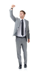 Celebrating his business success. Full-length shot of a young businessman with his arm raised in celebration.