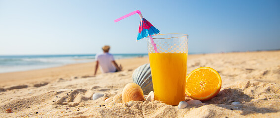 fruit cocktail on the beach- vacation,  summer holiday concept